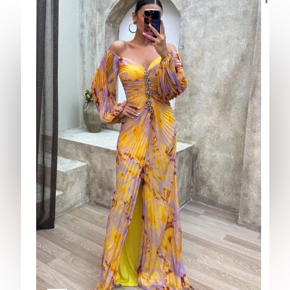 Vibrant Yellow and Purple Long Sleeve Dress